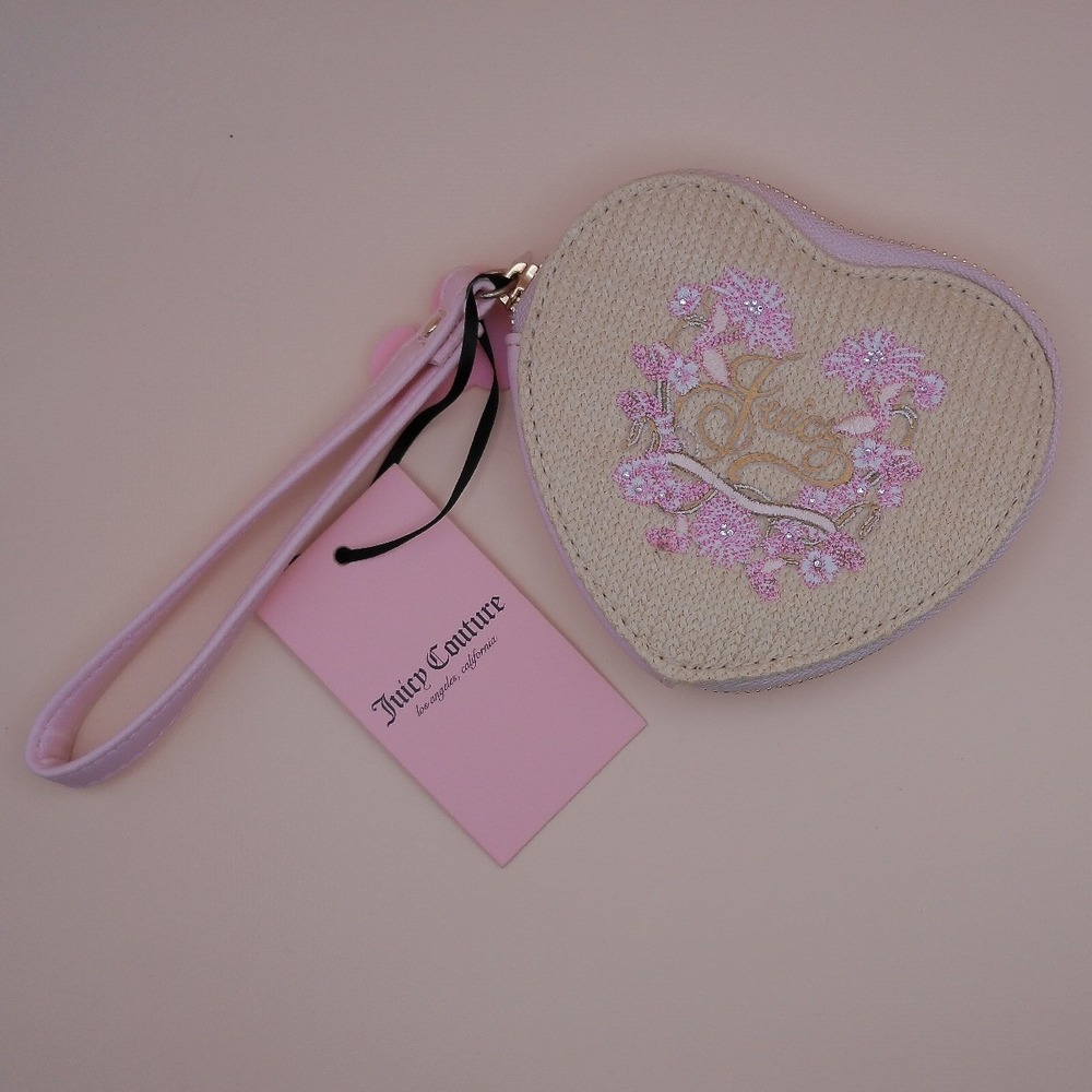 Juicy Couture Juicy In Bloom Heart Straw Coin Purse Pink Floral Wristlet NWT